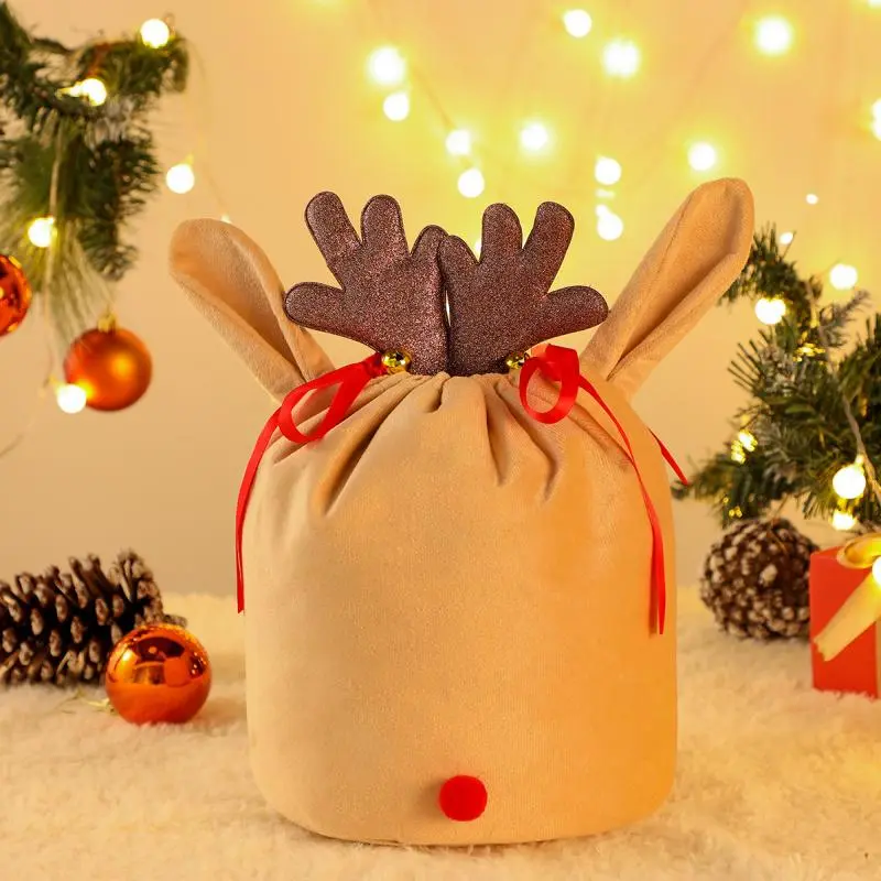 Reindeer Christmas Santa Sack – Cotton Drawstring Gift Bag with Bell, Holiday Present Storage Tote Santa-Themed Set present party favor