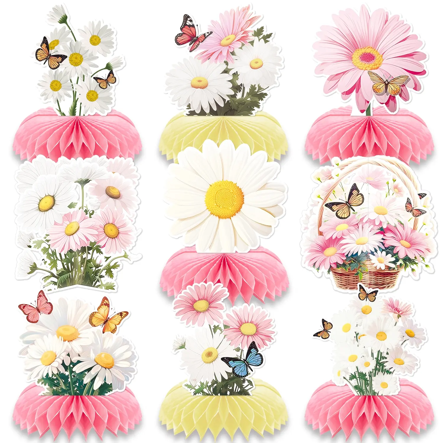 9 Pcs Daisy Flower Birthday Party Centerpieces Decorations Daisy Butterfly Honeycomb Centerpieces 3D Centerpieces for Tables Pink Table Toppers Boho Groovy Birthday Party Decorations Girl Baby Shower Set Ornaments Party Supply Party Decoration Supplies