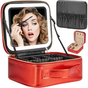 Makeup Travel  Case with Mirror LED Light 3 Adjustable Brightness  Bag Portable Storage Adjustable Partition  Makeup Brushes Makeup   for Women