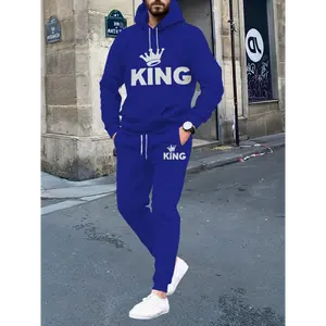 Hooded Long Sleeve Pullover King Print Casual Polyester Sweatsuit for Men - Slight Stretch Fabric, Drawstring Pants, Perfect for Hiking & Weekend Casual - Spring/Fall Knit Lash Sets