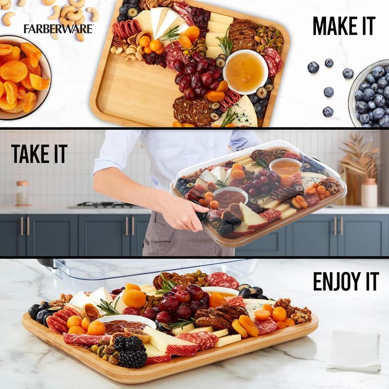 Farberware Build-A-Board Bamboo Cutting Board with Clear Locking Lid and Black Handles, Perfect for Charcuterie, Snacks, and More - Make it. Take it. Enjoy it, 11x14 Inch, Single Compartment