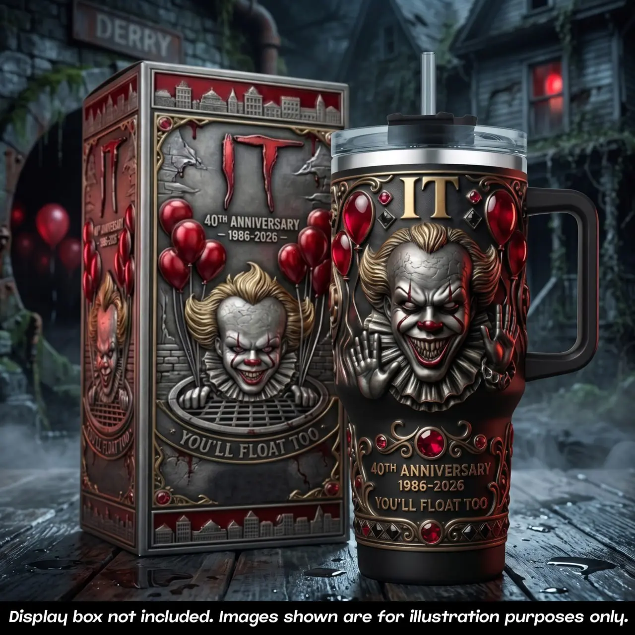 IT Pennywise 40th Anniversary 1986-2026 You'll Float Too Red Balloon 40oz Stainless Steel Insulated Tumbler Handle Straw Horror Movie Fan Collectors Cup Gift, Creepy Film Merch Birthday Gift Idea For Men Women