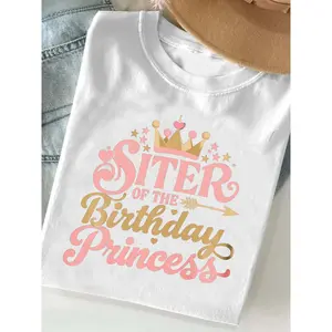 Womens Short Sleeve Graphic Tee Cute Crown Hearts Stars Siter of the Birthday Princess Soft Crewneck Casual Top for Party Family Photos Mothers Day