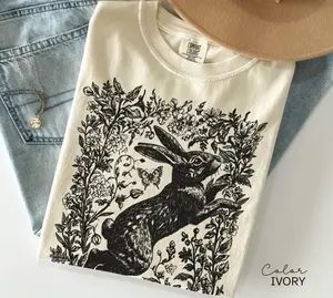 Comfort Colors Retro Cottagecore Rabbit Tshirt, Wild Hare T-shirt, Folk Art Forest Animal Tshirt, Woodland Aesthetic Top, Boho Tee