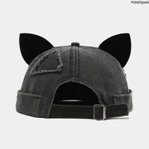 Cat Ear Docker Cap - Vintage Washed Distressed Brimless Hat | Adjustable Rolled Edge Skull Cap with Cute Ears for Women Men Streetwear Cosplay