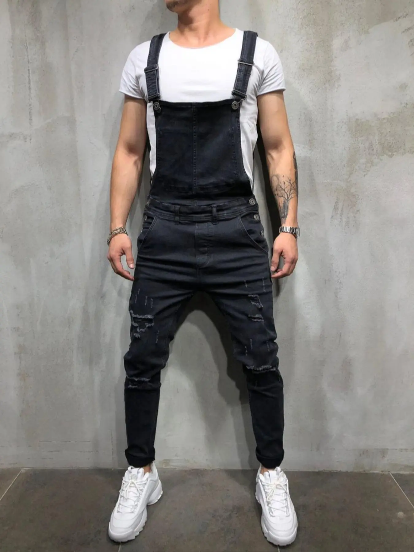 Men's Plain Ripped Pocket Denim Straps Overalls without Tee, Casual Button Denim Overall Pants for Daily Outdoor Wear, Fashion Men's Overalls for All Seasons, Menswear