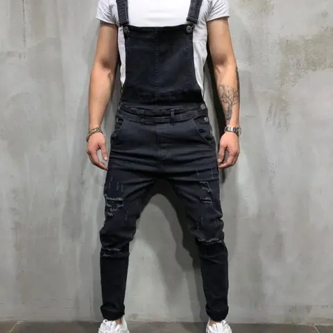 Men's Plain Ripped Pocket Denim Straps Overalls without Tee, Casual Button Denim Overall Pants for Daily Outdoor Wear, Fashion Men's Overalls for All Seasons, Everyday Overalls, Menswear