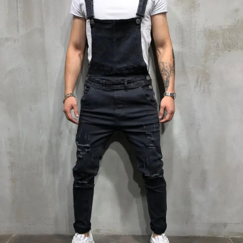 Men's Plain Ripped Pocket Denim Straps Overalls without Tee, Casual Button Denim Overall Pants for Daily Outdoor Wear, Fashion Men's Overalls for All Seasons, Everyday Overalls, Menswear