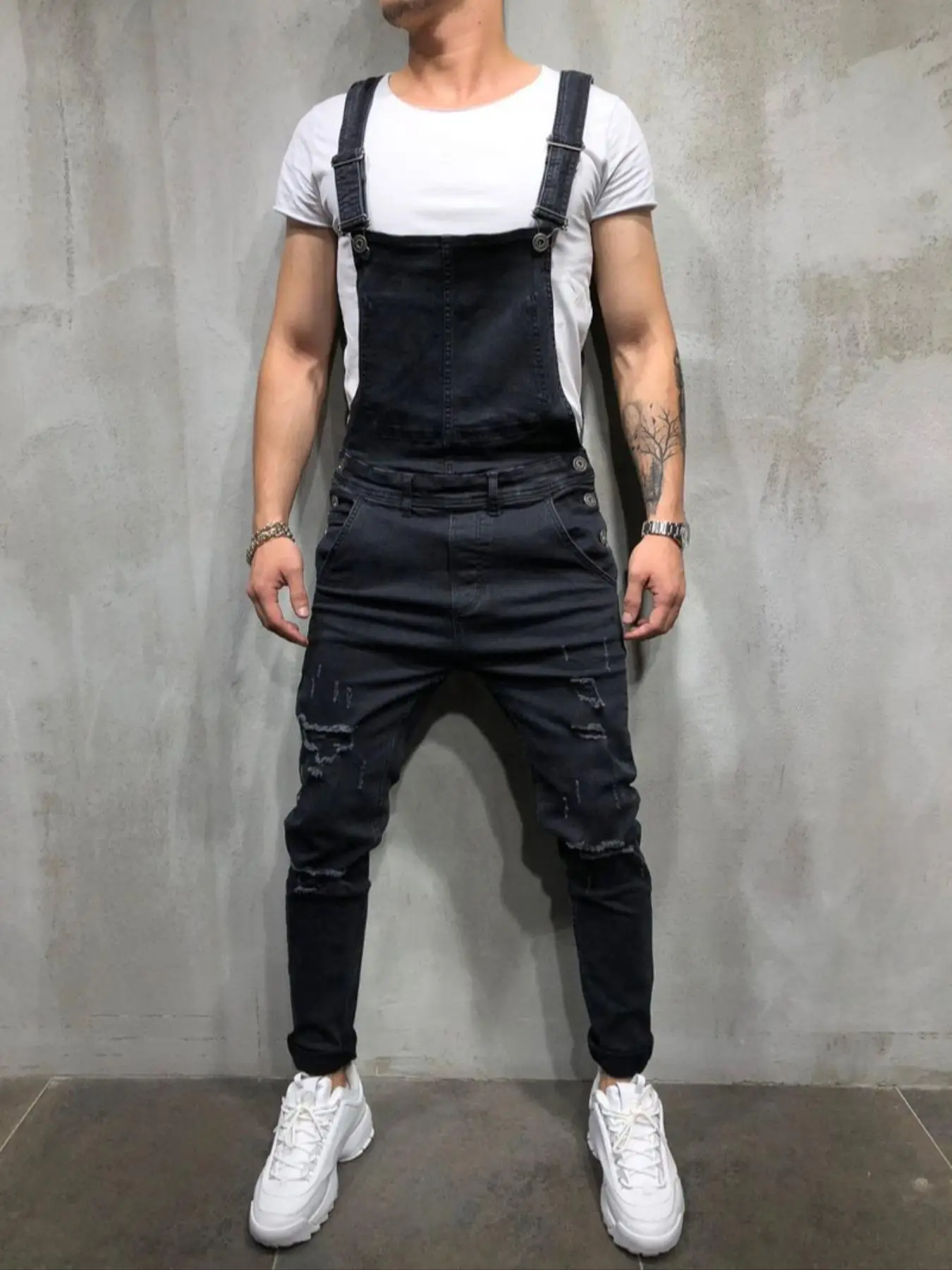 Men's Plain Ripped Pocket Denim Overalls without Tee, Casual Button Denim Overall Pants for Daily Outdoor Wear, Fashion Men's Overalls for All Seasons