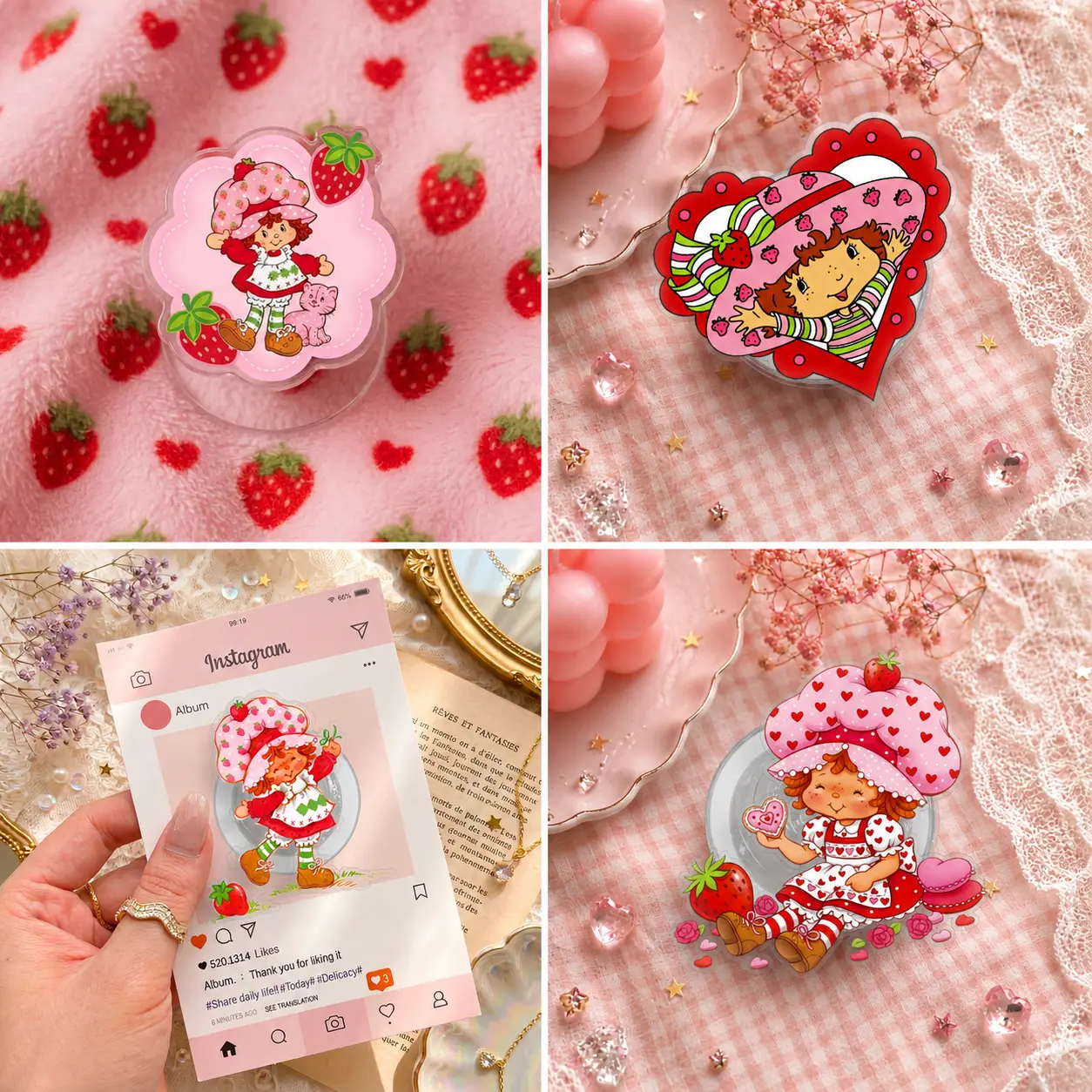 Strawberry Heart Girl Phone Grip, Cute Round Phone Holder, Kawaii Berry Doll Phone Stand, Sweet Phone Accessory Gift