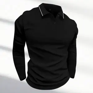 Men's fashionable casual long-sleeved polo shirt, men's spring and autumn button-down collar top, solid color base layer sweatshirt, autumn clothing. Plain