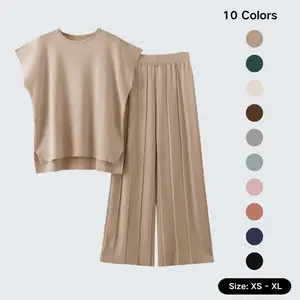 SCUSTY Women's Two Piece Outfit Summer Knit Pullover Top High Waisted Pants Set Sweatsuits