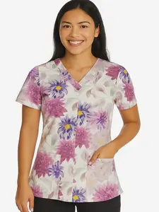 Stretchy Colorful Designer Scrubs Tops - Floral All Over Print V Neck Short Sleeve Fitted Summer Tshirt for Womenswear Streetwear Outfit