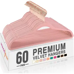 Pink velvet hangers 60 pack premium nonslip felt clothes sturdy heavy duty coat durable hangers for suits space saving with no hanger mark 360 swivel rotating rose gold hook