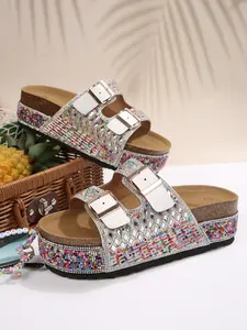 2026 Summer New Colorful Rhinestone Double Buckle Thick Sole Beach Sandals, Retro Platform Double Buckle Flip Flops, Comfortable and Stylish