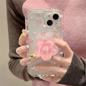 Cute Quicksand Pink Flower Holder Phone Case for iPhone 16 15 14 13 12 11 Pro Max XR X XS 7 8 Plus Stand Floral Clear Soft Cover Shockproof Screen Protector