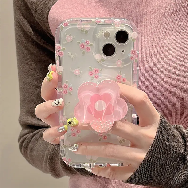 Quicksand Pink Floral Phone Case with Stand, Clear Soft Shockproof Cover, Screen Protector Accessories, Multi-Model Fits iPhone 16,15,14,13,12,11 Pro Max,XR,X,XS,7,8 Plus
