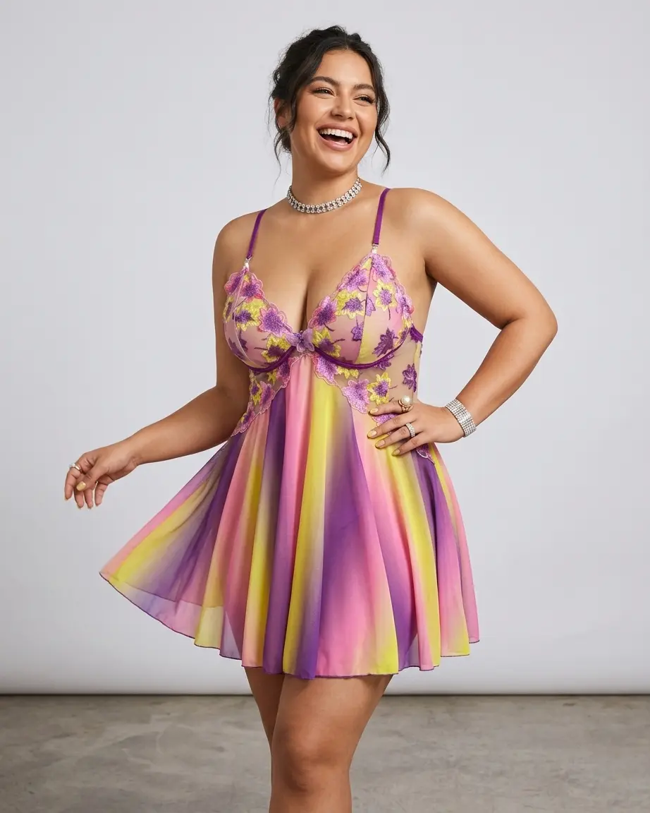 Shinyyep Plus Size Rainbow Ombre Slip Curvy Dress for Women Embroidery Backless Camisole Strappy Summer Babydoll Dress Colorful Floral Mesh Bride Lingerie Beach Swim Cover Up Party Nightgown
