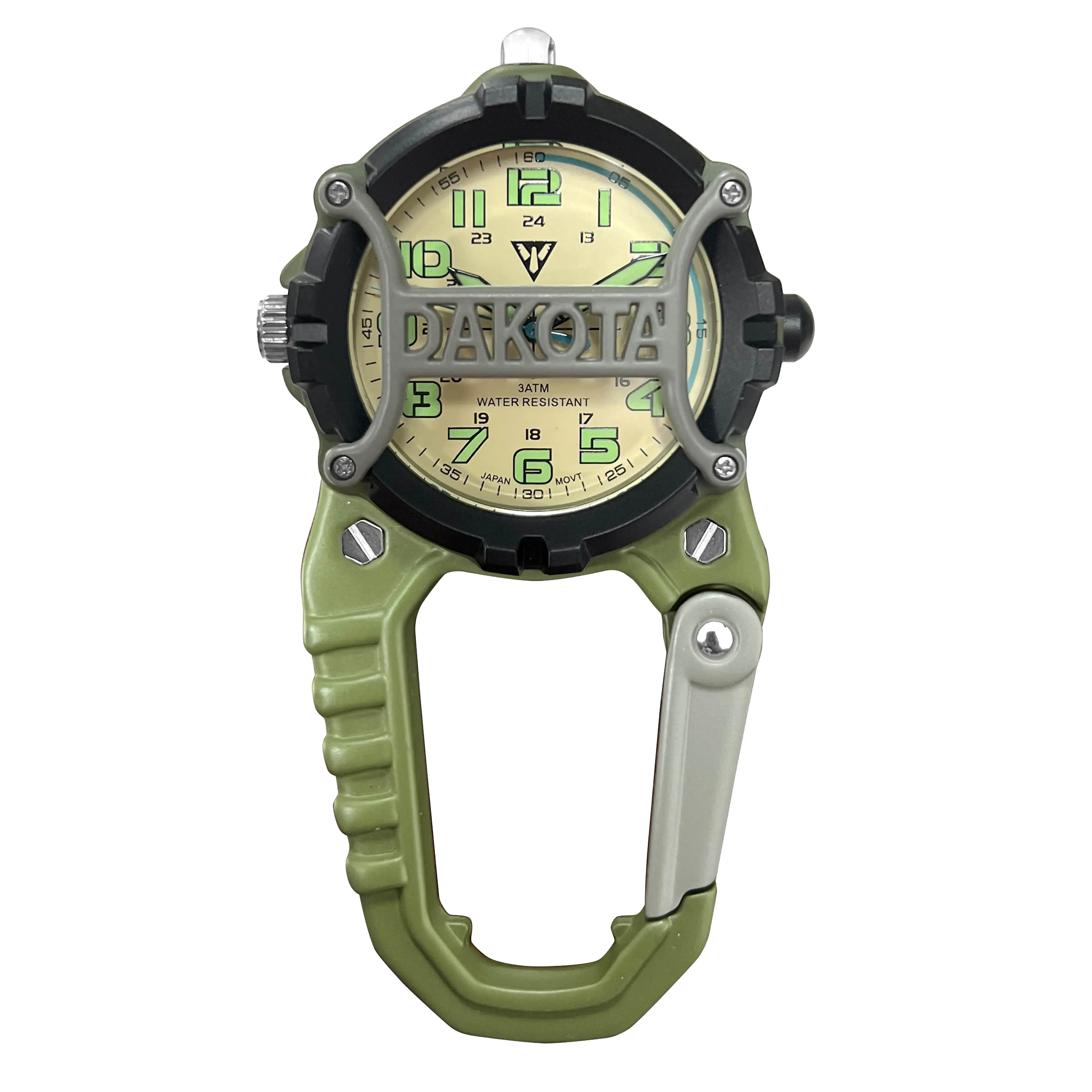 Dakota Analog Caged Clip, Fob Premium Durability Outdoor Gifts for Men, Use for Field and Work, Quality Pocket Watch, Tactical with LED Flashlight with or Without Dial Protector - Green - Dial Cage