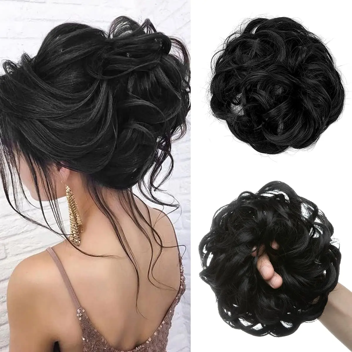 Large Messy Bun Hair Piece, Soft Wavy Curly Synthetic Scrunchie for Women, Thick Updo Ponytail Extension, Jet Black