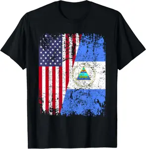 100% Cotton NICARAGUAN ROOTS | Half American Flag | USA NICARAGUA FLAG T-Shirt
