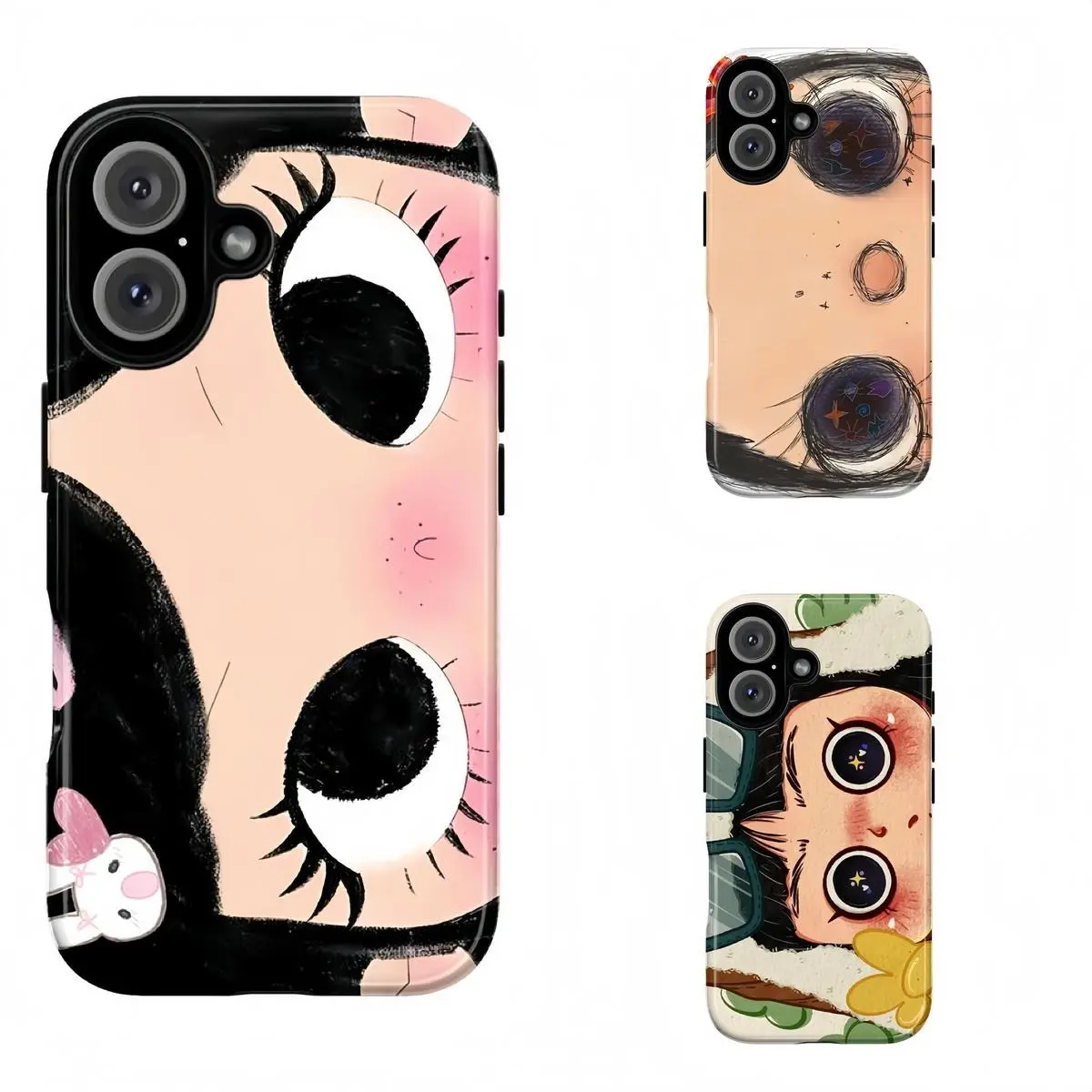 Aesthetic Glittering Big-Eyes Comic Girl Handheld Protective Cellphone Case - Tough Polycarbonate Cover for iPhone 17 ProMax Plus,16-11,X,XR & Galaxy S25-S22 Ultra, Multi-Model Tech Gifting Accessory FC7801