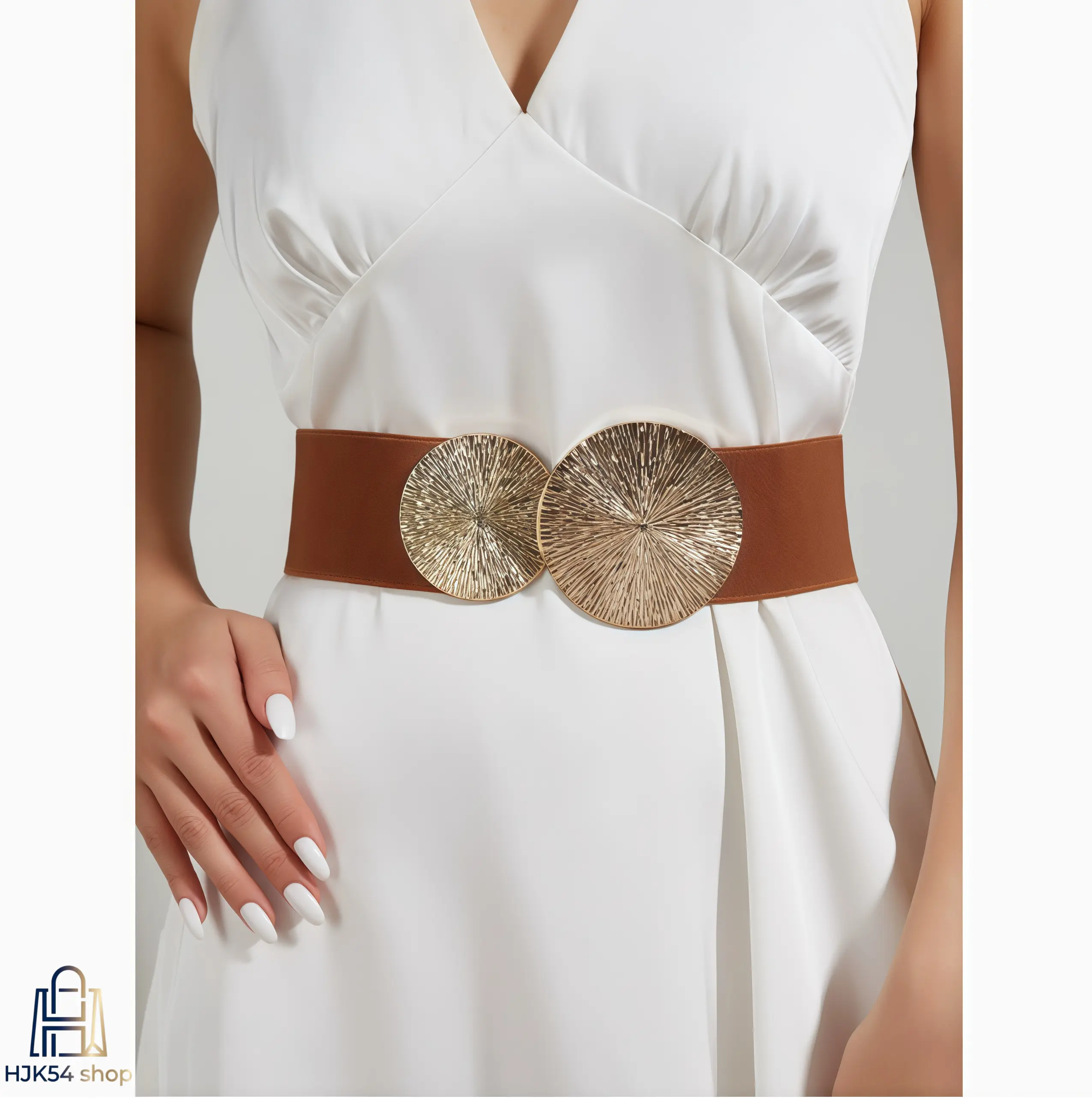 Vintage Double Round Gold Buckle Wide Elastic Waist Belt Stretch Fabric Cinch Belt Retro Textured Metal Buckle Waistband Decorative Dress Corset Belt for Women Daily Party Wedding Formal Outfit Accessory
