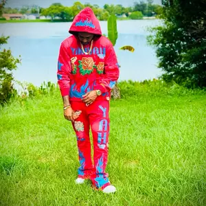 Yahuah Designer Flared Sweat Suit - Red Hoodie with Floral Embroidery & Matching Pants for Men