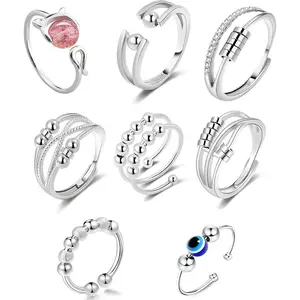 NBB38 Rotatable Bead Fidget Ring Set - Adjustable Spinner Mood Rings, Cute Gifts for Women & Men