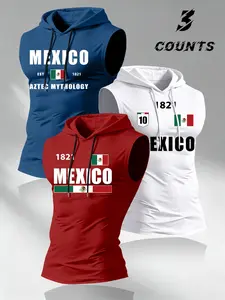 Men's Casual Hooded Sleeveless T-Shirt 3-Pack, Lightweight Comfortable, Fashionable Mexican Style Print, Perfect for Daily Wear