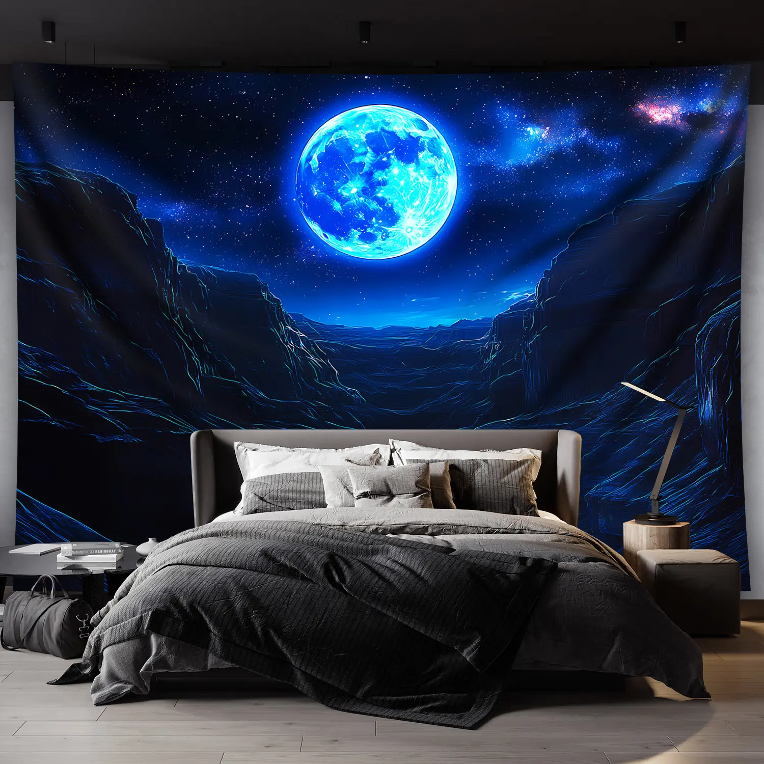 1pc Ultra Large Dark Night Sky Moon & Stars Print Tapestry - Retro Celestial Wall Decor, Premium Polyester Peach Light Beige Fabric, Wrinkle-Resistant Machine-Washable Indoor Decoration with Mountains, Deep Blue Hues + Free Gift, Indoors