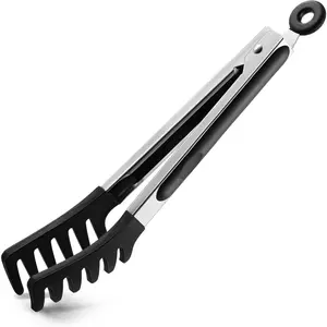9-Inch Heat Resistant Silicone Pasta Tongs Spaghetti Server With Teeth Non-stick Silicone Tong for Serving Food Cooking Salad Spaghetti Noodle (9"-Black)