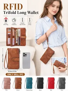 Women's RFID Trifold Long Wallet, Large Capacity Credit Card Holder with Zipper Pocket, Vintage Multi-Functional Purse for Cash and Coins, Portable Wristlet Clutch for Travel, Daily Commute and Shopping, RFID Wallets, Zipper Pouch Wallet