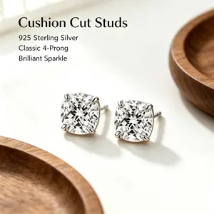 Women's S925 Sterling Silver 2CT Cushion Cut D Color VVS Moissanite Stud Earrings, Classic 4-Prong, Hypoallergenic, Brilliant Sparkle Fine Fashion Costume Jewelry