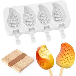 Mango Shape  Popsicle Molds - 4 Cavity  Mango Ice Cream Molds with 50 Wooden Sticks for Ice Pop, Cake Pop, Cakesicles, Fruit Pudding