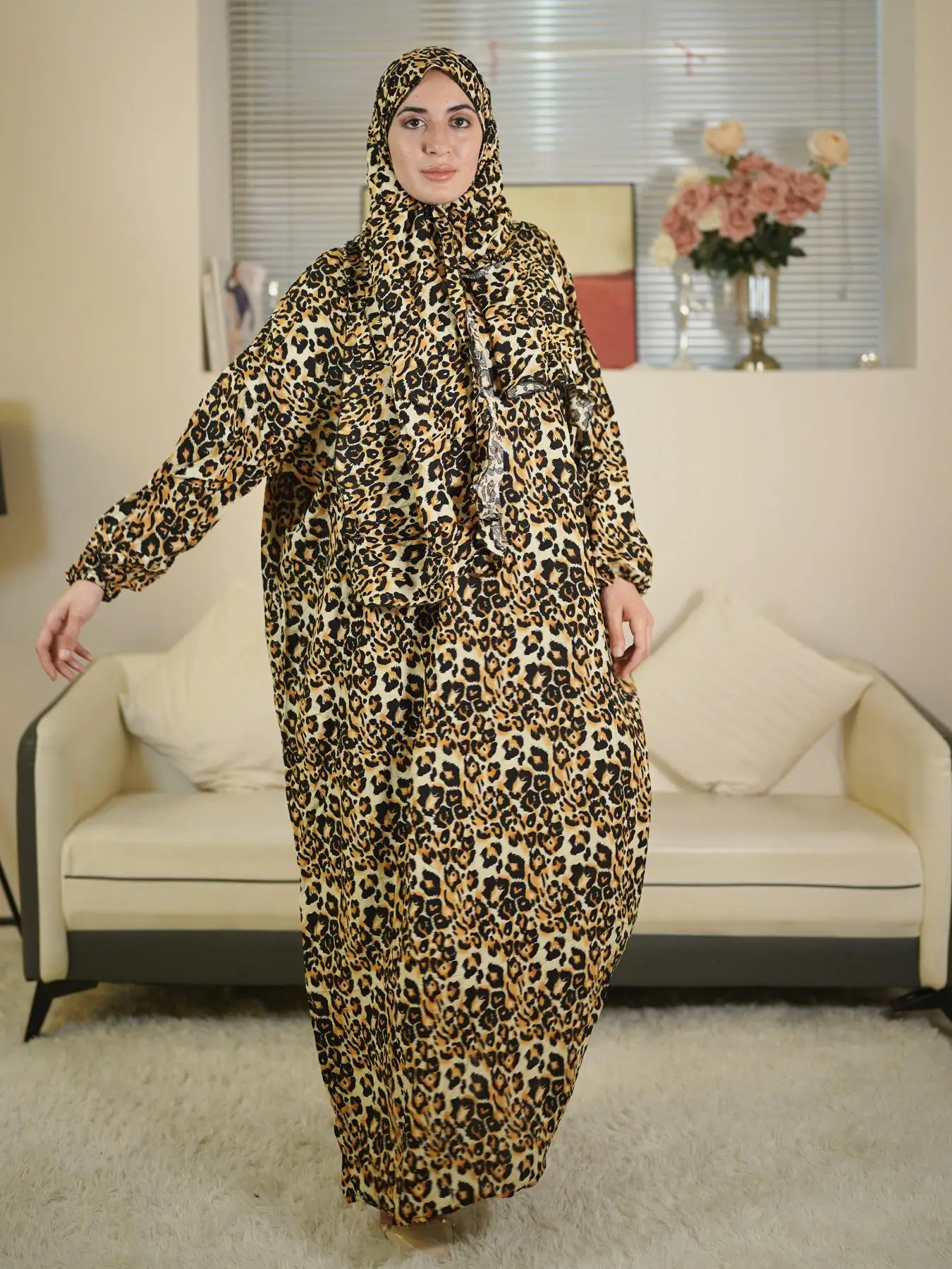 Women's Leopard Print Batwing Sleeve Hooded Dress, Modest Long Sleeve A Line Dress for Daily Wear, Ladies Islamic Clothing for All Seasons