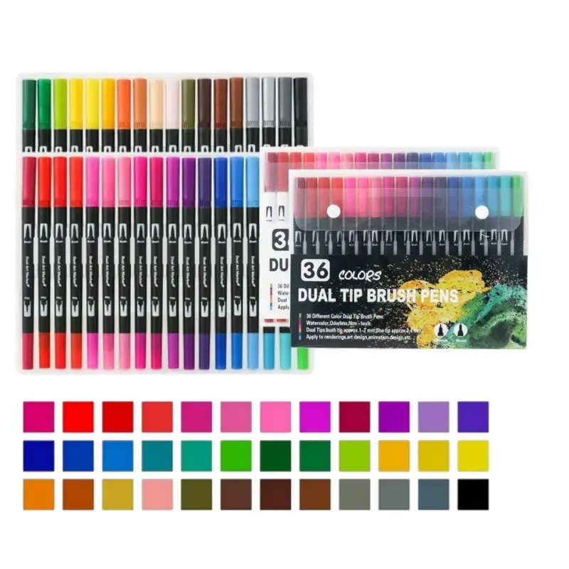 36 Dual-Tip Markers, Brush & Fine Tip, Vibrant Watercolor Pens for Drawing, Coloring & Sketching, Safe & Non-Toxic for Kids & Adults