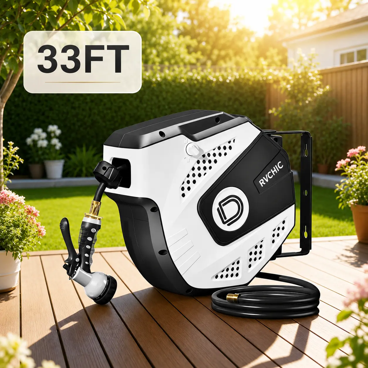 33ft Automatic Retractable Garden Hose Reel - Compact Wall-Mounted Auto-Rewind Unit, Heavy-Duty Flexible Spray Hose Watering Equipment with Spray Nozzle, 180° Swivel Bracket for Patio Watering Systems