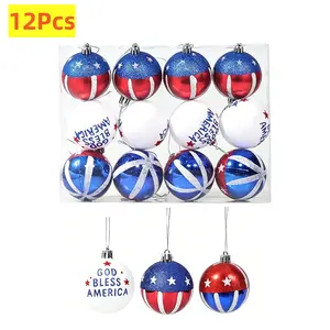 12PCS Patriotic Tree Ornaments 2.36inch 4th of July Red White Blue Stars Stripes Hanging Balls God Bless America Plastic Bubble Ball for Independence Day Veterans Day Holiday Party Supplies