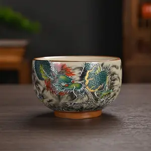 Teacup Enamel-Decorated Crackled Glaze Dragon Design Tea-Brewing Cup Ceramic Commemorative Gift for Owner & Guest