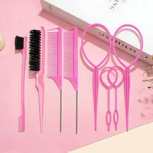 8Pcs Hair Brushes Set with 4Pcs Topsy Hair Tail Tools 1Pcs Bristle Teasing  Brush 1Pcs Edge Control Brush 2Pcs Metal Pin Rat Tail Combs for Woman Girl Styling,Edge&Back Brushing,Pink outdoorfun
