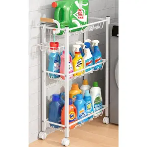 Laundry Room Cart with Top Detergent Holder, Metal Rolling Storage Cart Between Washer and Dryer, 3 Tier Narrow Laundry Room Organization and Storage with Wheels (White)