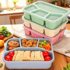 4-Compartment Bento Box, Microwavable Bento Box, Plastic with Transparent Lid, Dishwasher and Microwave Safe, Four-Section Lunch Box in Multiple Colors, Ideal for Office Workers and Students, Meal Prep Solution, Portion Control, Leak-Proof Food