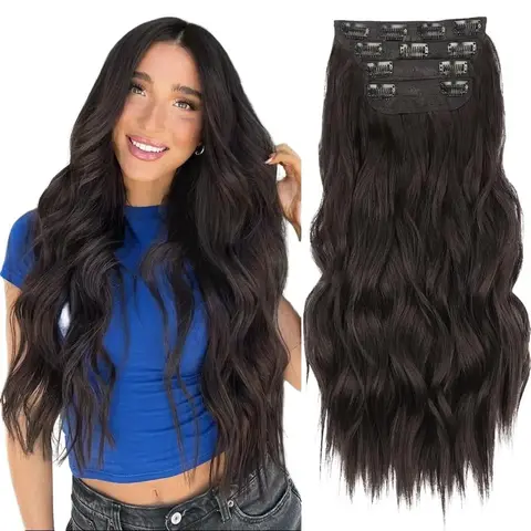 AISI HAIR Glueless Clip-in Synthetic Fiber Hair Extensions - 4PCS Double Wefts, 20/24In Black Brown Long Waves/Straight, Heat-Resistant Women's Extensions, Any Occasion, Can Be Cut, Permed, and Washed
