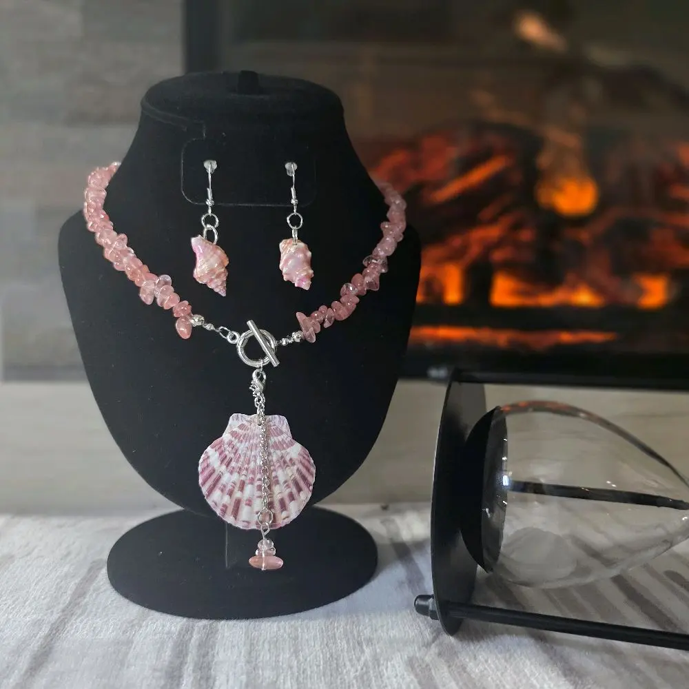Boho Seashell Necklace and Earrings Set with Pink Beads and Shell Charm Jewelry Collection for Everyday Wear or Special Events