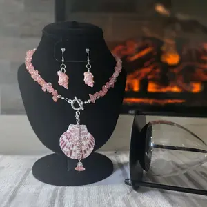 Boho Seashell Necklace and Earrings Set with Pink Beads and Shell Charm Jewelry Collection for Everyday Wear or Special Events