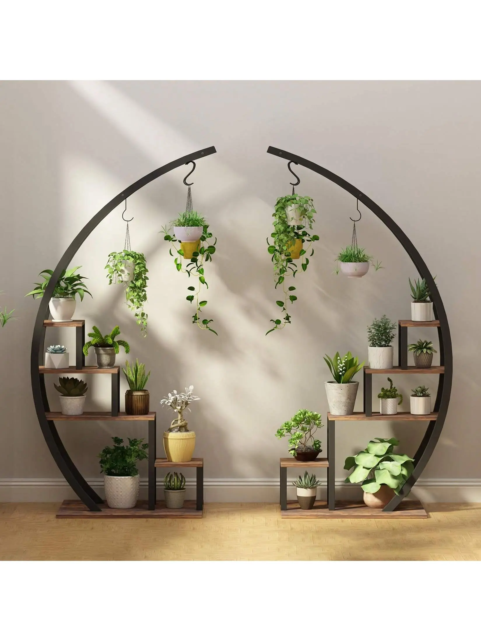 【Christmas Gift】5 Tier Flower Plant Stand Indoor, 2 Pack Half Moon Plant Shelf Tall, Metal Hanging Plant Rack For Multiple Display For Home Patio Lawn Garden Balcony (Brown/Black)