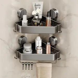 Suction Cup Shower Corner, 2 Pack Suction Corner Shower Shelves No Drilling, Rustproof Shower Organizer Suction Cup with Holder & Removable Rack(Gray)