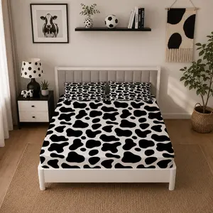 Cow Print Fitted Sheet 3-Piece Set (1 Fitted Sheet + 2 Pillowcases, No Pillow Insert Included), Minimalist Farmhouse Style Deep Pocket Design, Soft & Breathable Microfiber Bedding, Ideal for Teens & Adults Bedroom Decor