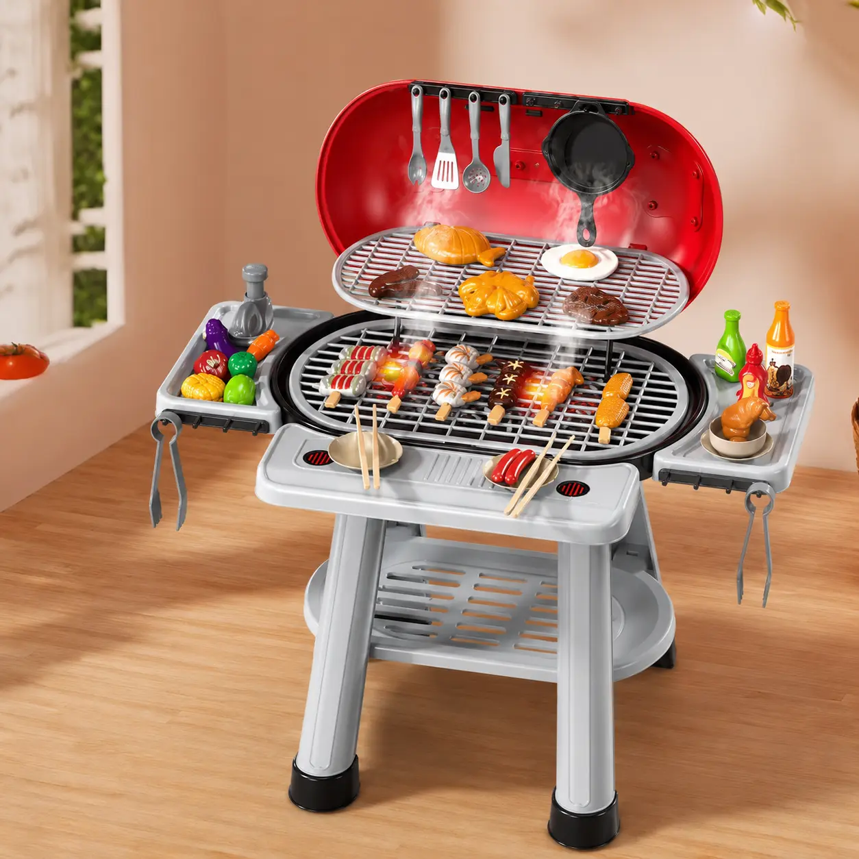 Toddler Multi-Sensory Simulated BBQ Grill Pretend Cooking Toy for Kids 3-6 Years Old, Realistic Mist Smoke Effect, Indoor & Backyard Immersive Role Play Game Accessory, 4-6 Years